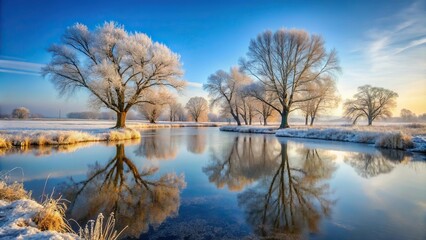 A serene and frosty landscape of bare trees and a frozen pond in the distance, peaceful winter scene, wintery mood