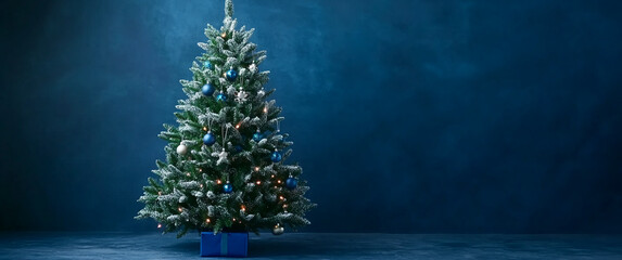 A decorated Christmas tree stands tall against a dark blue background, with blue ornaments and white lights twinkling. Presents sit at the base, ready for the holidays