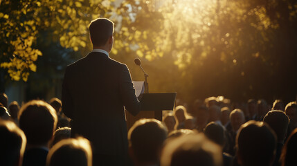 Obraz premium Polityk z charyzmą mówi do tłumu, który z zaciekawieniem słucha jego słów. 