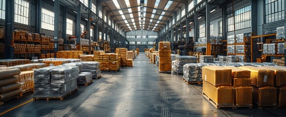 Bright sunlight streams through the windows of a busy warehouse, illuminating stacks of neatly organized pallets filled with various goods and materials