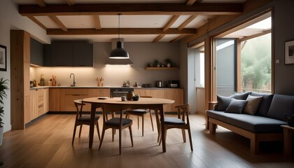 Dark late evening scene, wooden japandi kitchen, dining and living room with resin floor and beams ceilings. Sofa and table with chairs. Minimalist interior design	