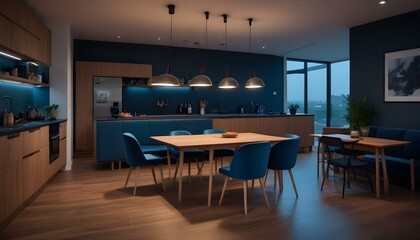 Fototapeta premium Dark late evening scene, wooden japandi kitchen, dining and living room with resin floor and beams ceilings. Sofa and table with chairs. Minimalist interior design 