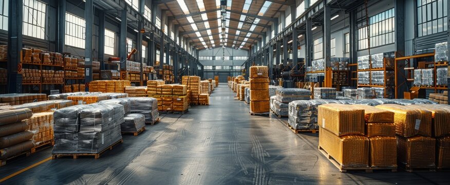 Bright sunlight streams through the windows of a busy warehouse, illuminating stacks of neatly organized pallets filled with various goods and materials