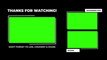 animation thanks for watching and reminder for likes, comments, and share, end screen YouTube channel with three rectangle templates for video on a black background