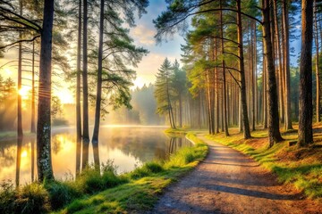 Obraz premium A serene misty forest dawn scene with tall trees and a winding forest path leading to a tranquil lake, misty forest, morning, water features