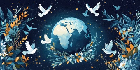 Naklejka premium Doves fly around Earth and flowers.