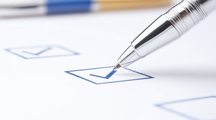 Close-up of a checklist with a pen marking a checkbox, representing productivity, organization, and task completion in a professional setting.