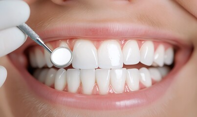 Close-up of a bright smile during a dental check-up with a dentist's mirror highlighting clean, healthy teeth.
