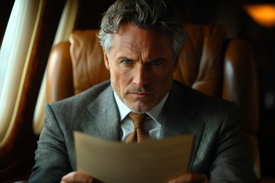 Mature Man in Suit Reading a Document While Seated in a Private Jet