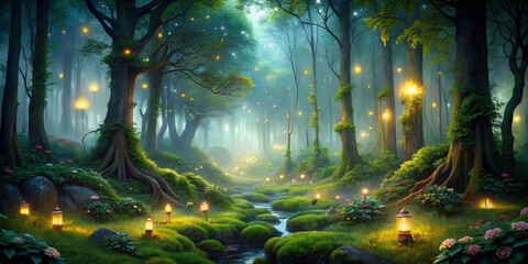 Enchanted Forest with Fireflies: A Magical Night Scene in High Dynamic Range