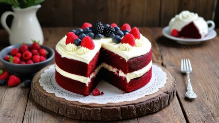 A beautifully layered red velvet cake topped with fresh strawberries, blueberries, and blackberries, perfect for dessert lovers.