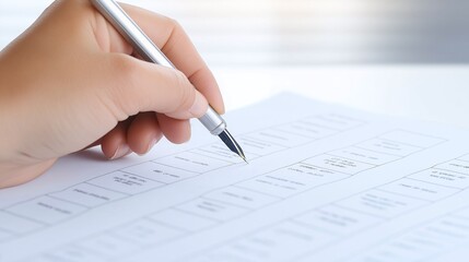 Close-up of a hand holding a pen, filling out a detailed form. The focus is on precision in data entry and business documentation.