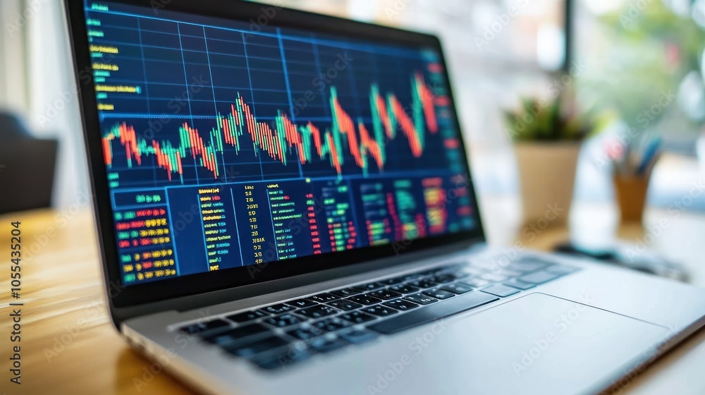 Poster a laptop displaying a stock market chart with fluctuating data.
