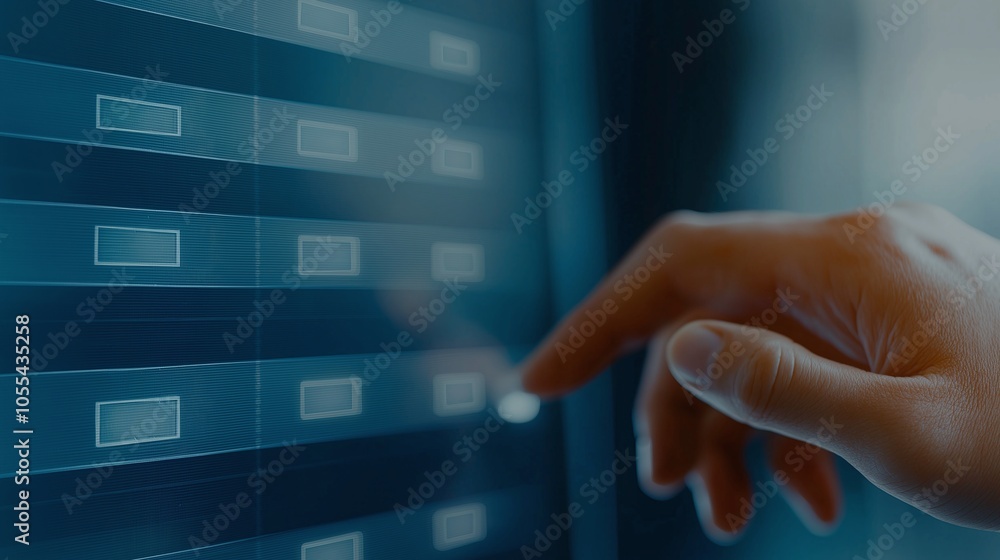 Poster close-up of a hand interacting with a digital touchscreen interface, symbolizing modern technology a