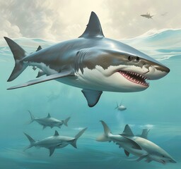 Fototapeta premium Illustration of shark in ocean.