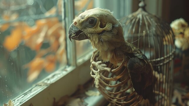 A unique skeletal bird gazes out a window, illuminated by warm autumn sunshine, with colorful leaves scattered on the windowsill and retro ambiance