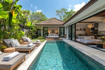Fototapeta premium Modern Tropical Villa with Swimming Pool and Loungers