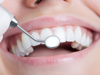 Close-up of a happy patient smiling with bright teeth during a dental check-up with a dental mirror and probe.