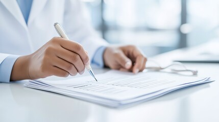 Close-up of a medical professional writing on a report, showcasing precision and attention to detail in a clinical setting.