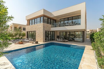 Fototapeta premium Modern Villa with Swimming Pool and Lush Greenery