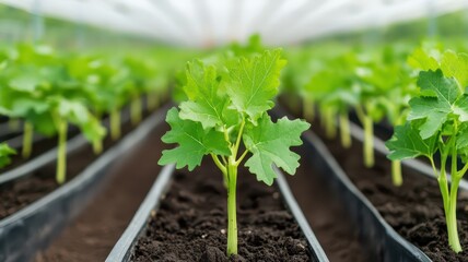 Obraz premium Delicate green vine plants thriving in a nursery, reaching for sunlight and fresh air.