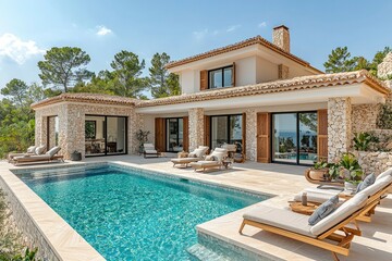 Fototapeta premium Modern Mediterranean Villa with Pool and Loungers