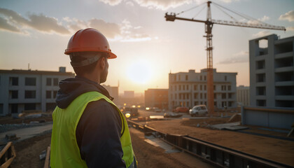 A civil engineer on a construction site in a helmet and protective gear inspects the construction site, earlier in the morning, the sun rises