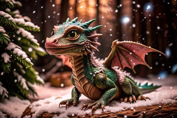 Obraz premium Enchanting Young Dragon in a Snowy Forest Landscape