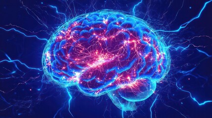 A captivating digital artwork depicting a human brain illuminated by bursts of electrical energy on a striking blue backdrop.