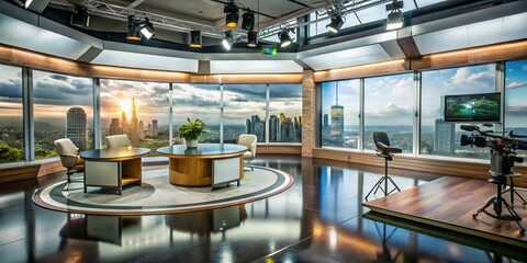 Engaging Talk Show Studio Portrait with Professional Lighting and Modern Design for Media Use