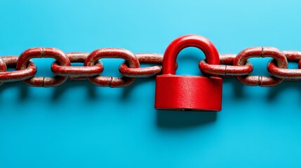 Blue background with red chain and padlock. Copy space.