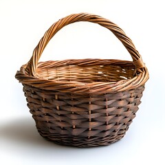 Obraz premium Rustic Woven Basket with Handle, White Background, Isolated