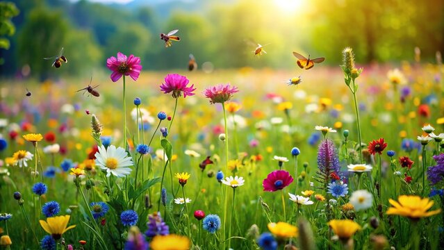 A vibrant green meadow filled with wildflowers and buzzing bees, outdoors, nature