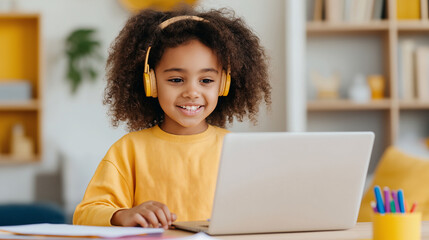 Happy African American Girl Using Laptop and Headphones for Online Learning