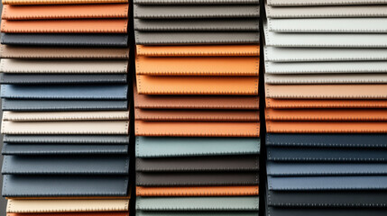 Stacks of colorful leather samples in various shades, showcasing a range of textures and stitching details. The samples are neatly arranged in vertical rows.