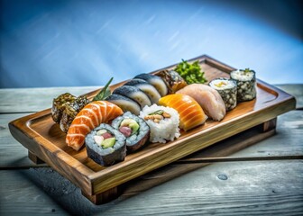 Exquisite Sushi Variety on Wood Platter - High Dynamic Range Image for Culinary Delight