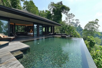 Modern Villa with Infinity Pool Overlooking Lush Tropical Landscape