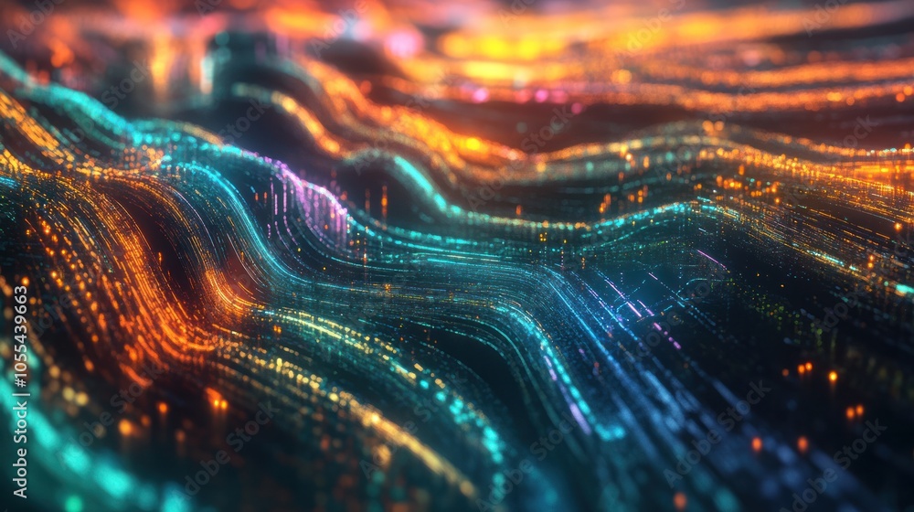 Poster a futuristic digital landscape featuring interconnected blockchain data fields, with vibrant streams