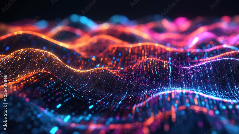 Poster a futuristic digital landscape featuring interconnected blockchain data fields, with vibrant streams