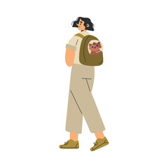 Woman Character with Cat Pet in Backpack as Domestic Animal Vector Illustration