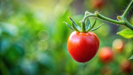 Close-up of a single cherry tomato on the vine, stems, flower, garden detail, ripe tomatoes