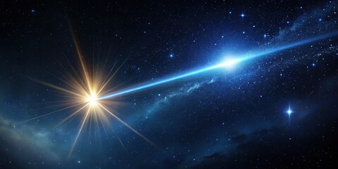 Close-up of a shooting star streaking across a dark blue, inky blackness with a hint of distant planet, space, astronomy, planetary background, stellar motion, shooting star