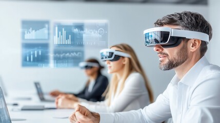 A group of professionals wearing augmented reality glasses, engaged in a virtual meeting in a modern,