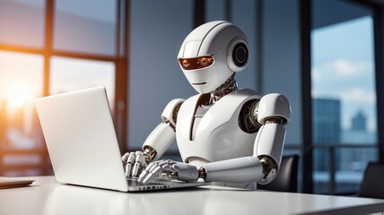 A humanoid robot engages in data analysis on a laptop in a modern office setting during the late afternoon