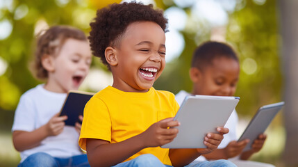 Happy Kids Using Tablets Outdoors Technology Friends Fun Learning Education