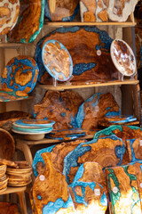 Craft items and souvenirs for sale in the old town of Kerkyra, Corfu, Greece, offering tourists unique handmade gifts and local treasures.