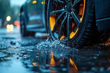 Yellow Rimmed Car Wheel Splashing in a Puddle During Rain