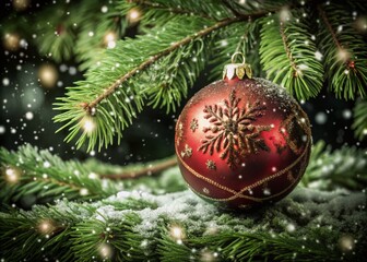 Festive Red Christmas Ornament in Snowfall - Holiday Decoration Close-Up Photography