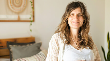 Naklejka premium Smiling woman in cozy bedroom setting with natural light