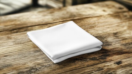 A folded white handkerchief rests on a rustic wooden table, showcasing its elegance